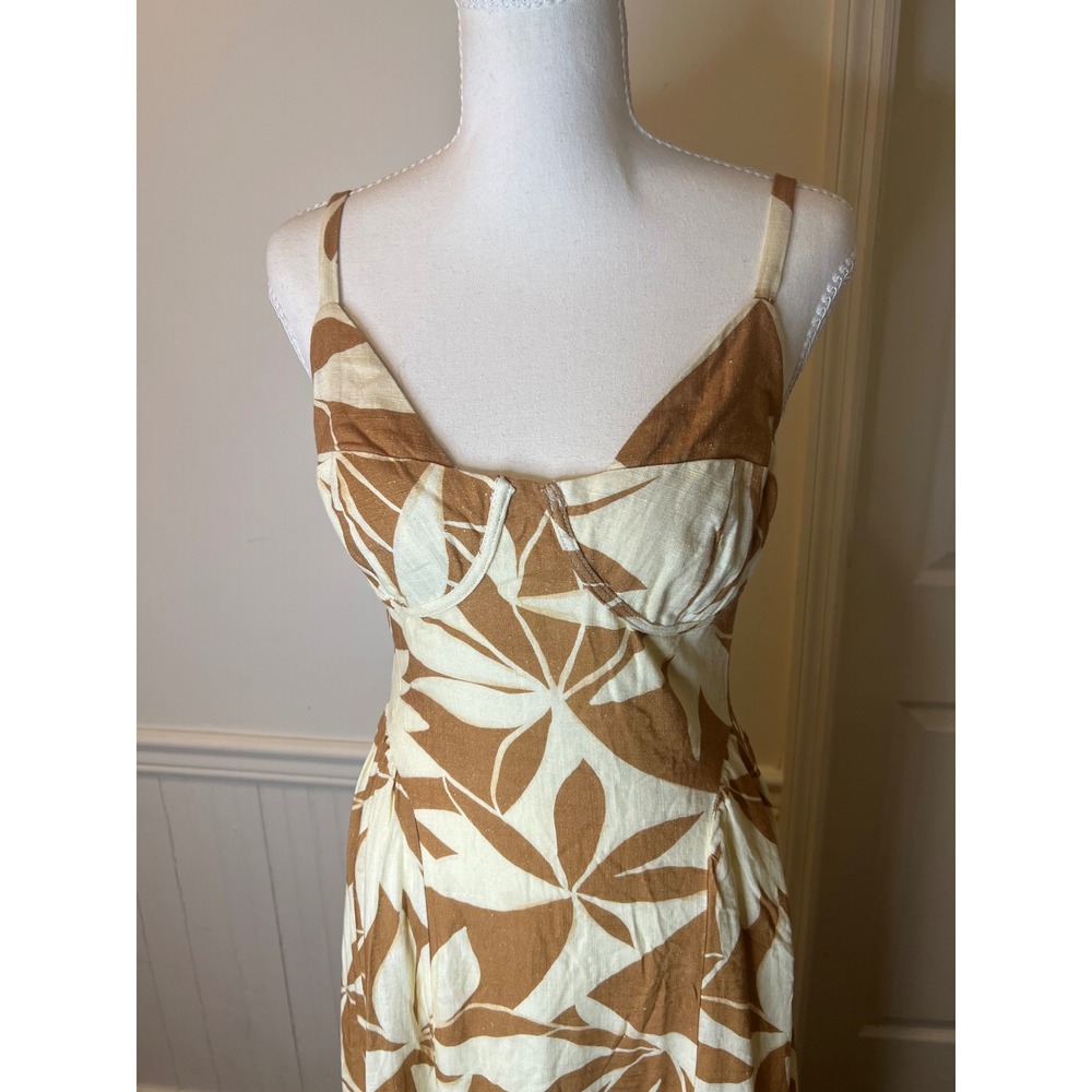 Lulus Tropical Leaf Print Bustier Midi Dress Tan‎ Cream Linen Blend Summer S - Picture 9 of 14
